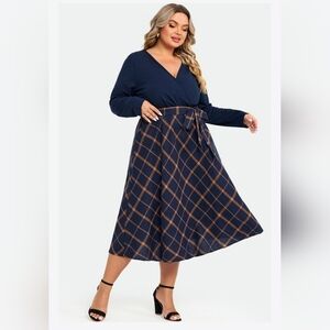 NEW NWT MeetCurve Navy and Brown Plaid Women's Skirt Sz 4XL